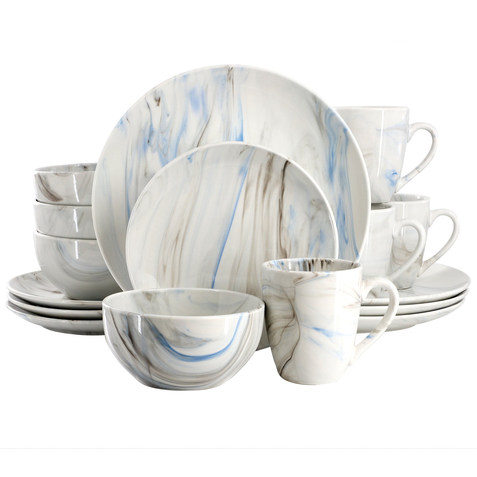 Elama Fine Marble 16 Piece Porcelain Dinnerware Set in Blue and Gray W2B