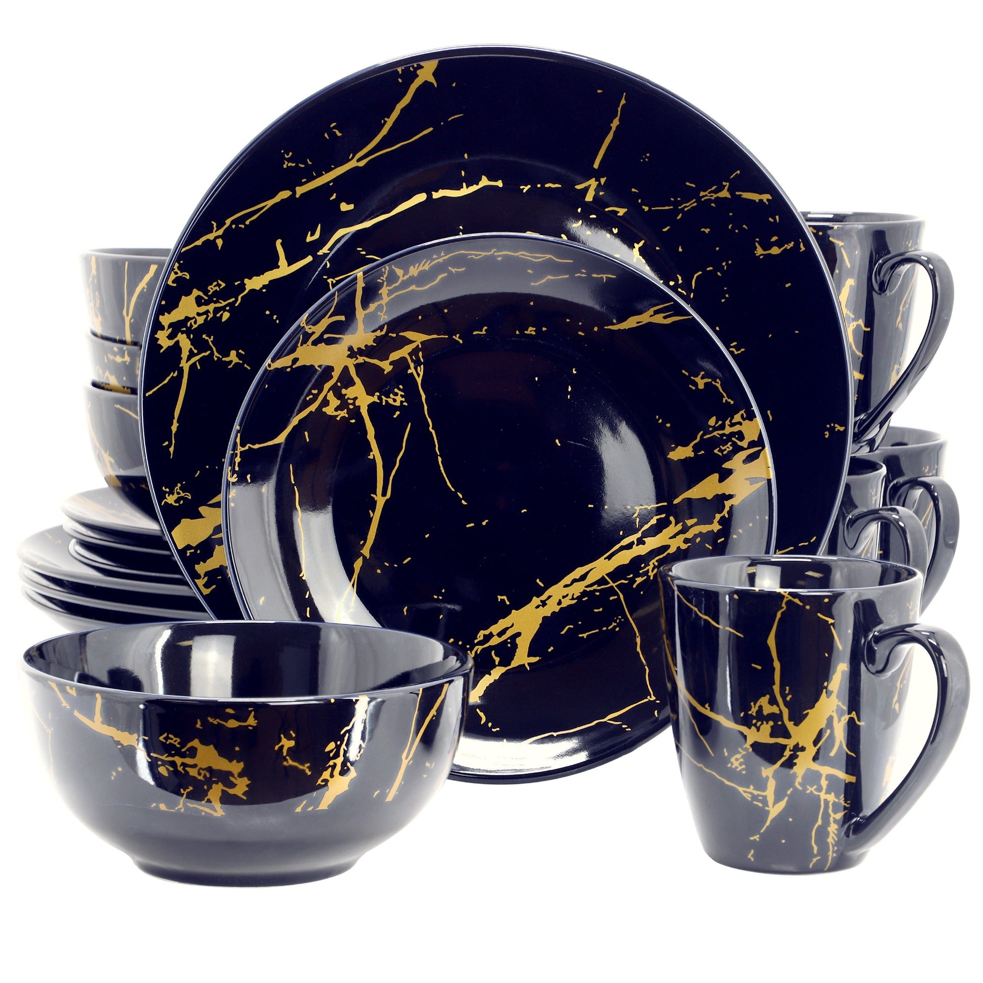 Elama Fine Marble 16 Piece Porcelain Dinnerware Set in Dark Blue with Gold Veining W2B