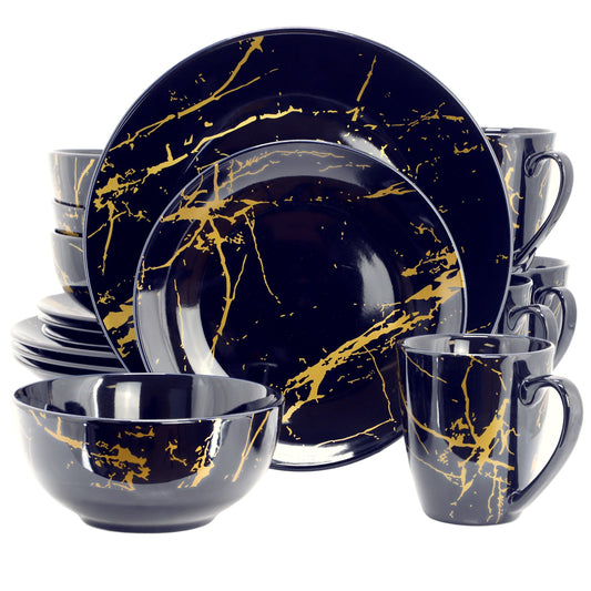Elama Fine Marble 16 Piece Porcelain Dinnerware Set in Dark Blue with Gold Veining W2B