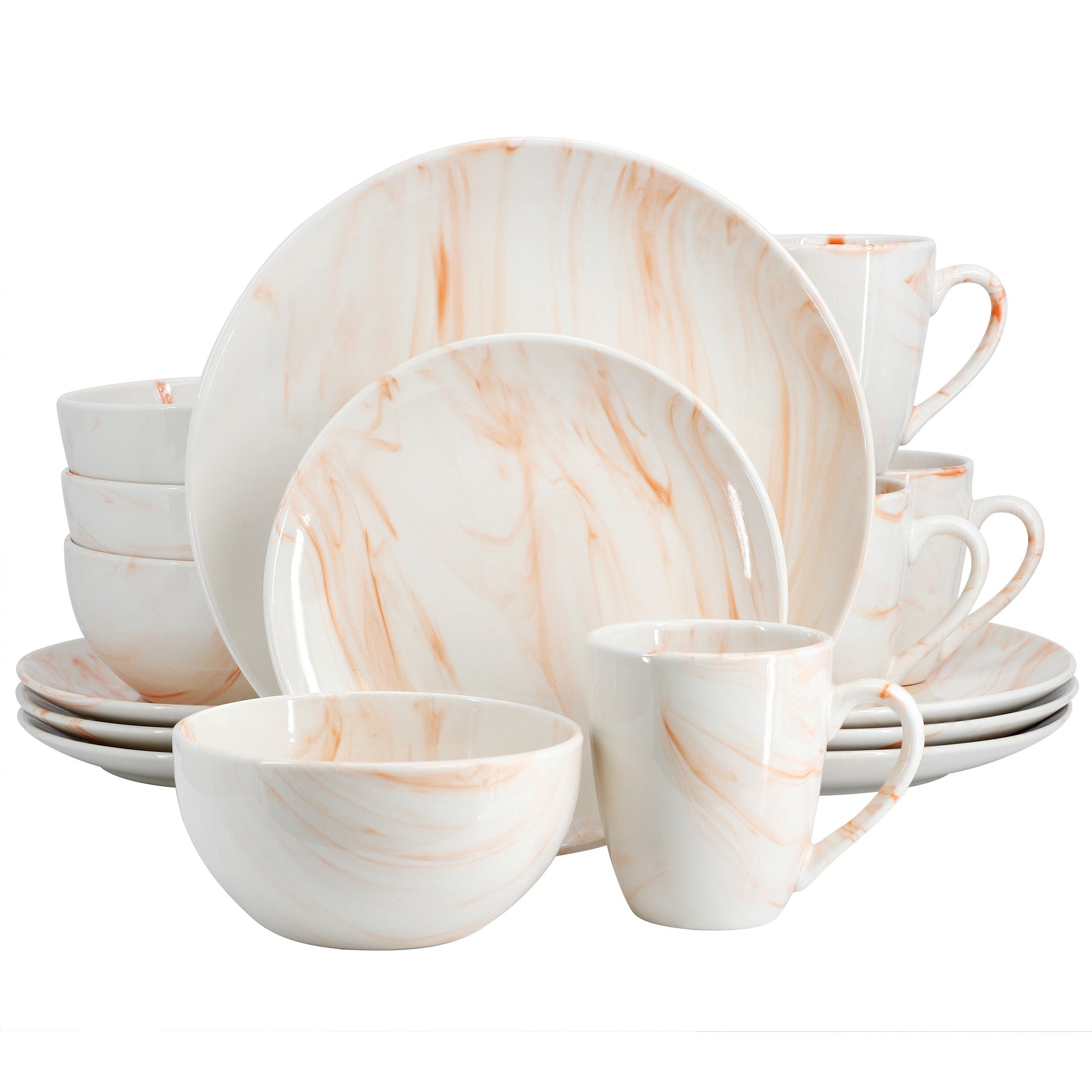 Elama Fine Marble 16 Piece Porcelain Dinnerware Set in Orange W2B