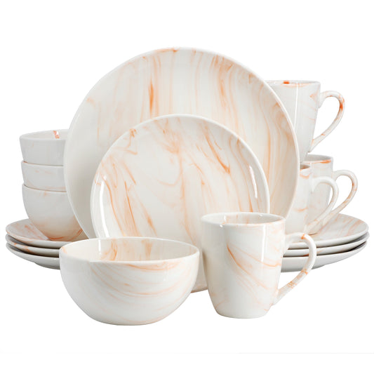 Elama Fine Marble 16 Piece Porcelain Dinnerware Set in Orange W2B