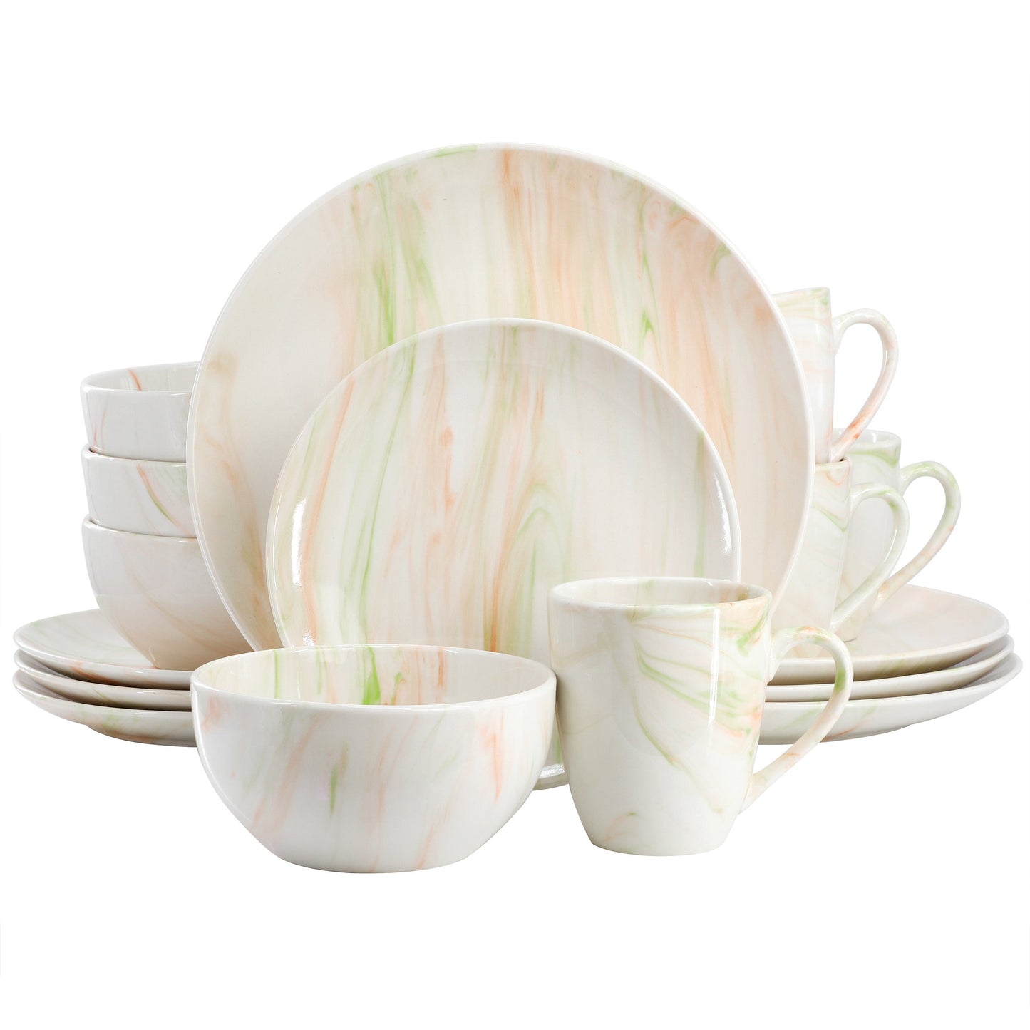 Elama Fine Marble 16 Piece Porcelain Dinnerware Set in Orange and Green W2B