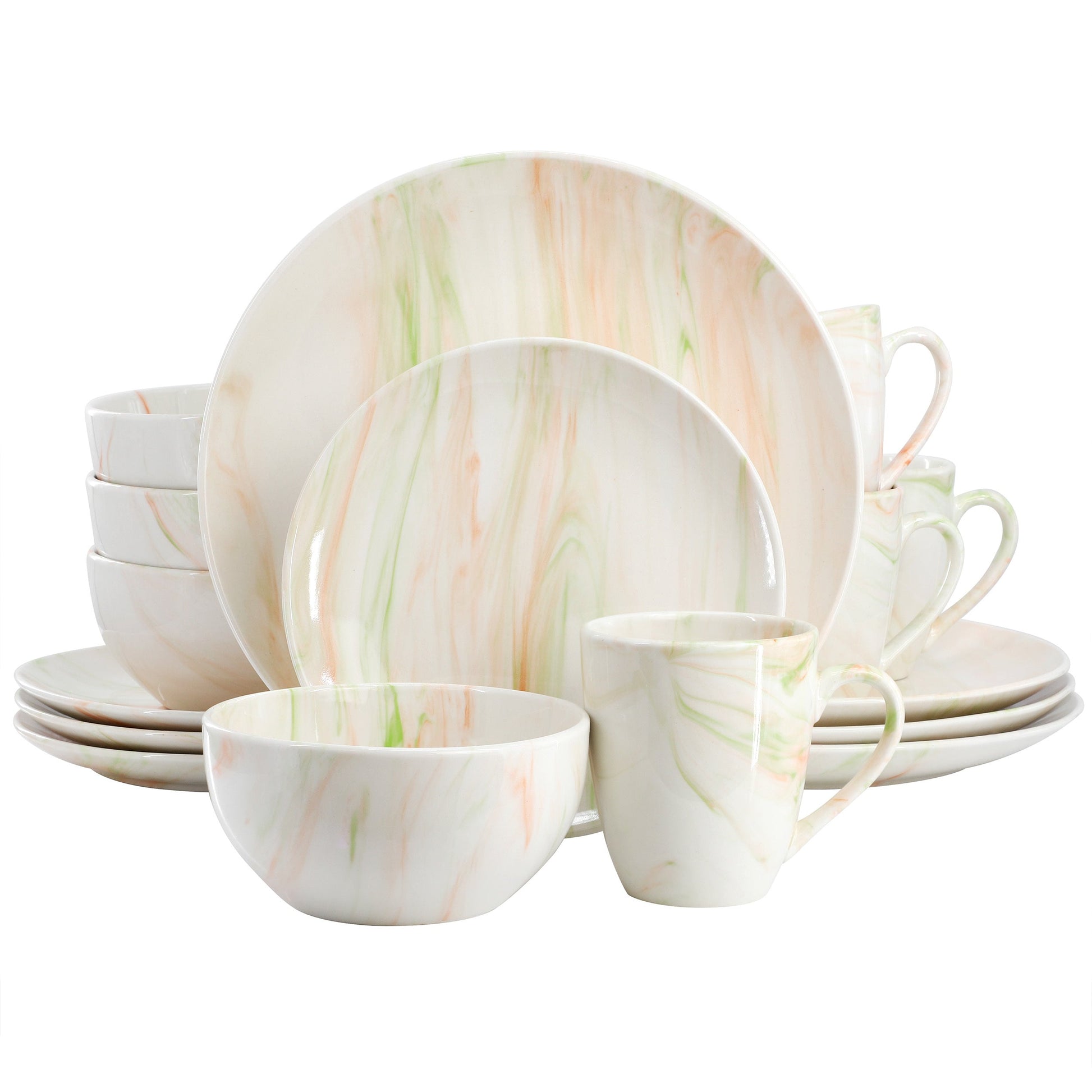 Elama Fine Marble 16 Piece Porcelain Dinnerware Set in Orange and Green W2B