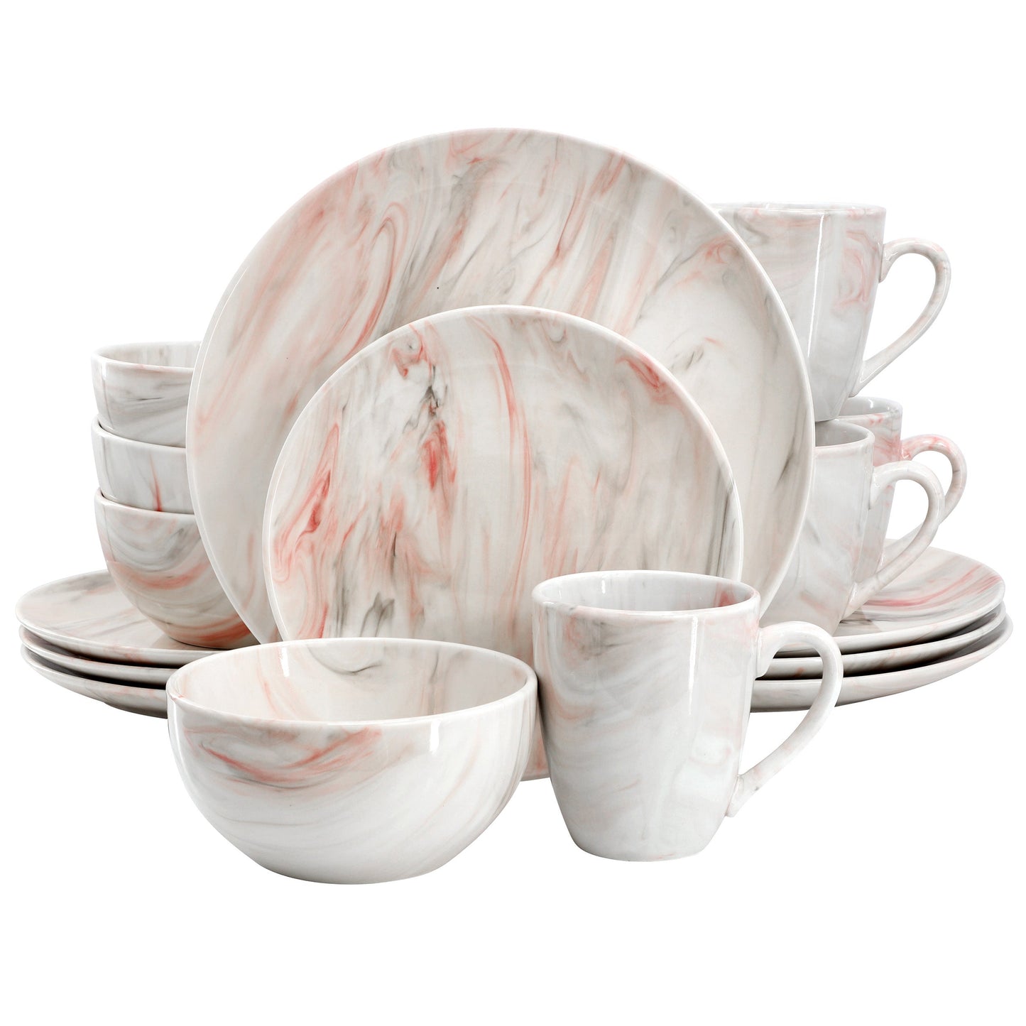 Elama Fine Marble 16 Piece Porcelain Dinnerware Set in Red and Gray W2B