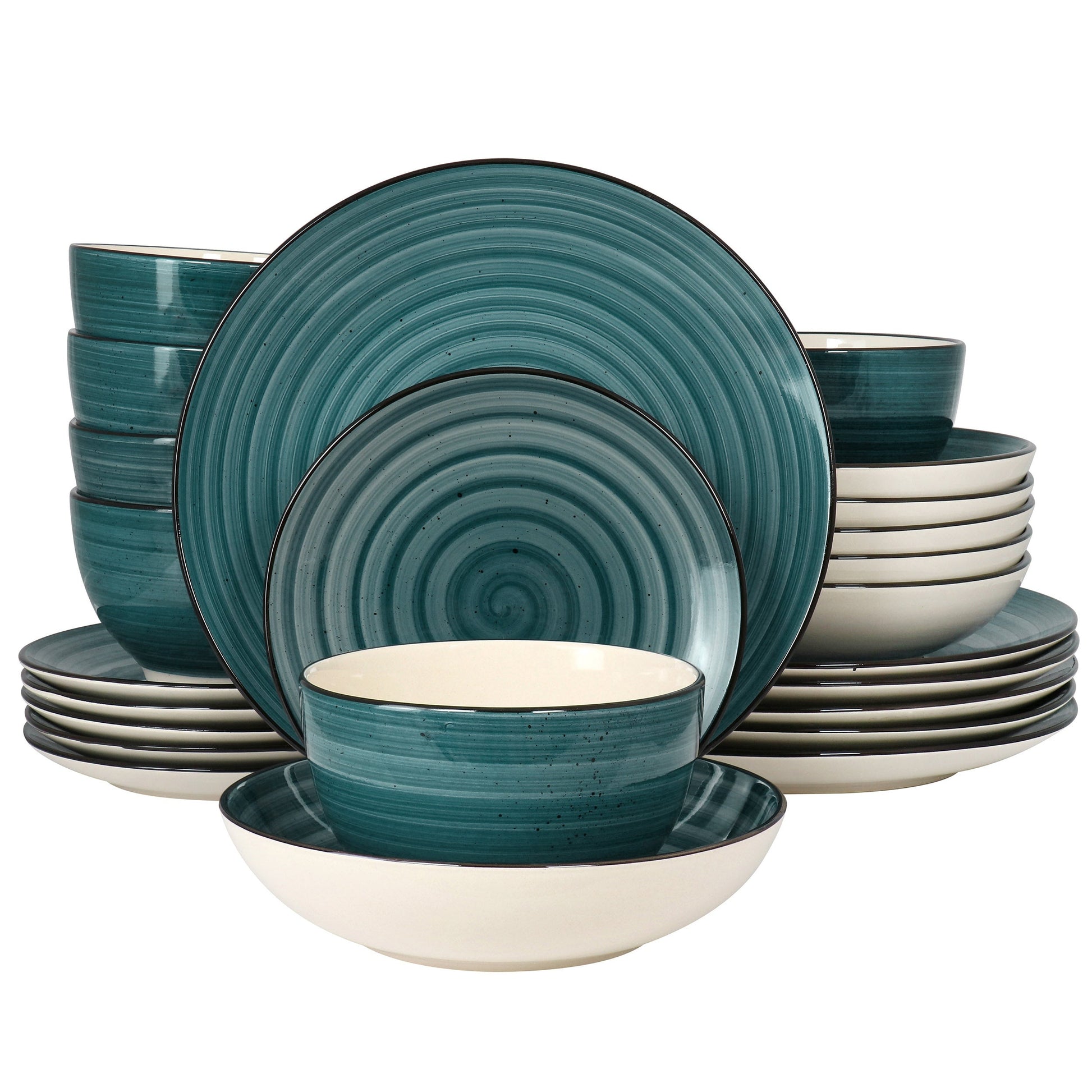 Elama Gia 24 Piece Round Stoneware Dinnerware Set in Dark Green W2B