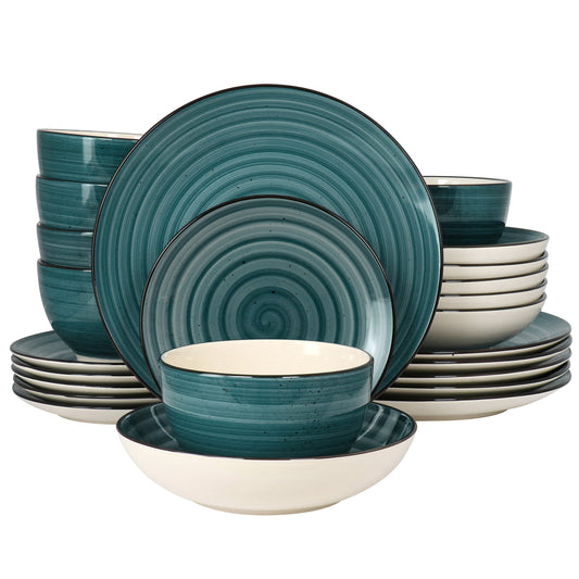 Elama Gia 24 Piece Round Stoneware Dinnerware Set in Dark Green W2B