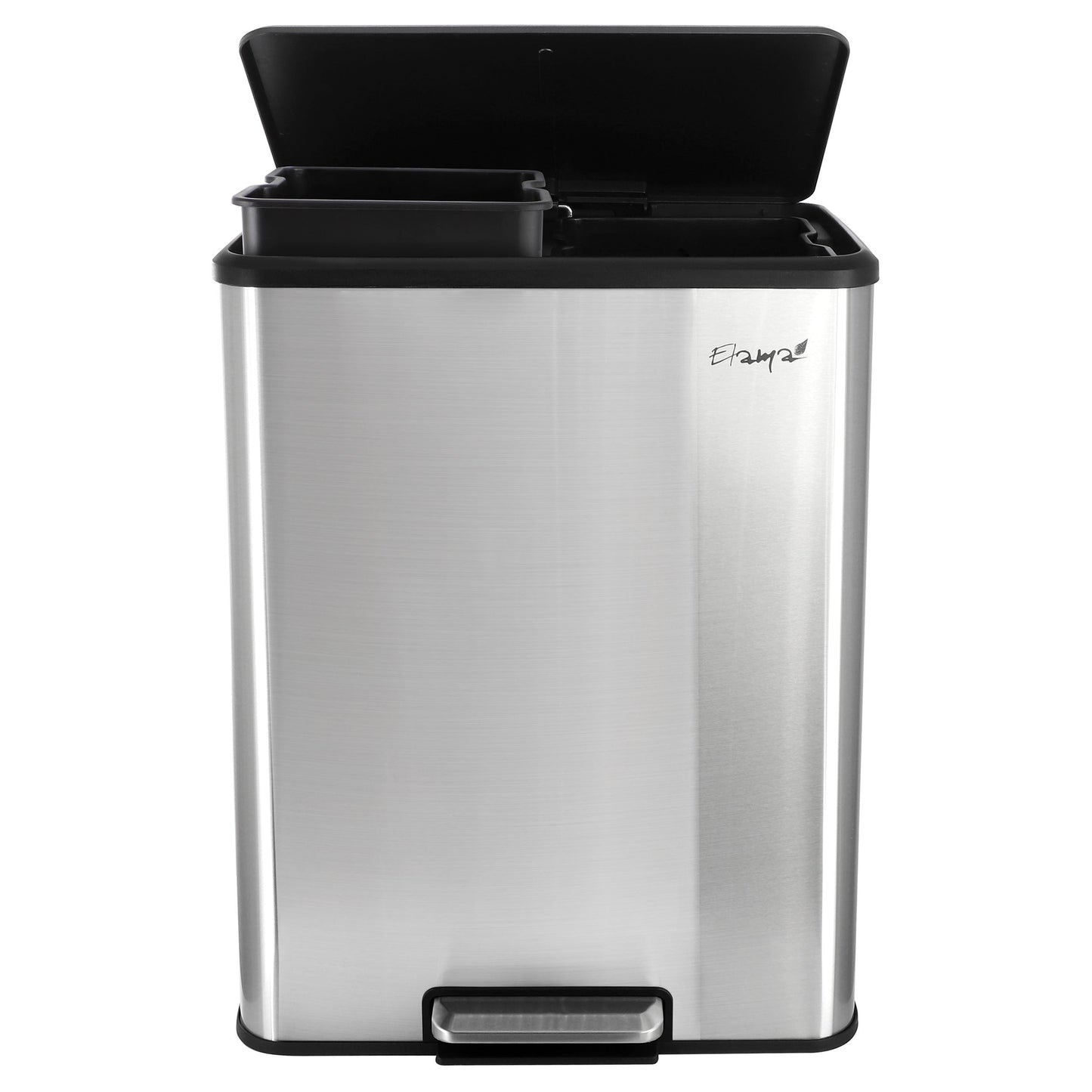 Elama 60 Liter 2 Compartment Large 8 Gallon Split Stainless Steel Step Trash Bin with Slow Close Mechanism W2B