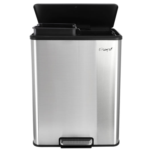 Elama 60 Liter 2 Compartment Large 8 Gallon Split Stainless Steel Step Trash Bin with Slow Close Mechanism W2B