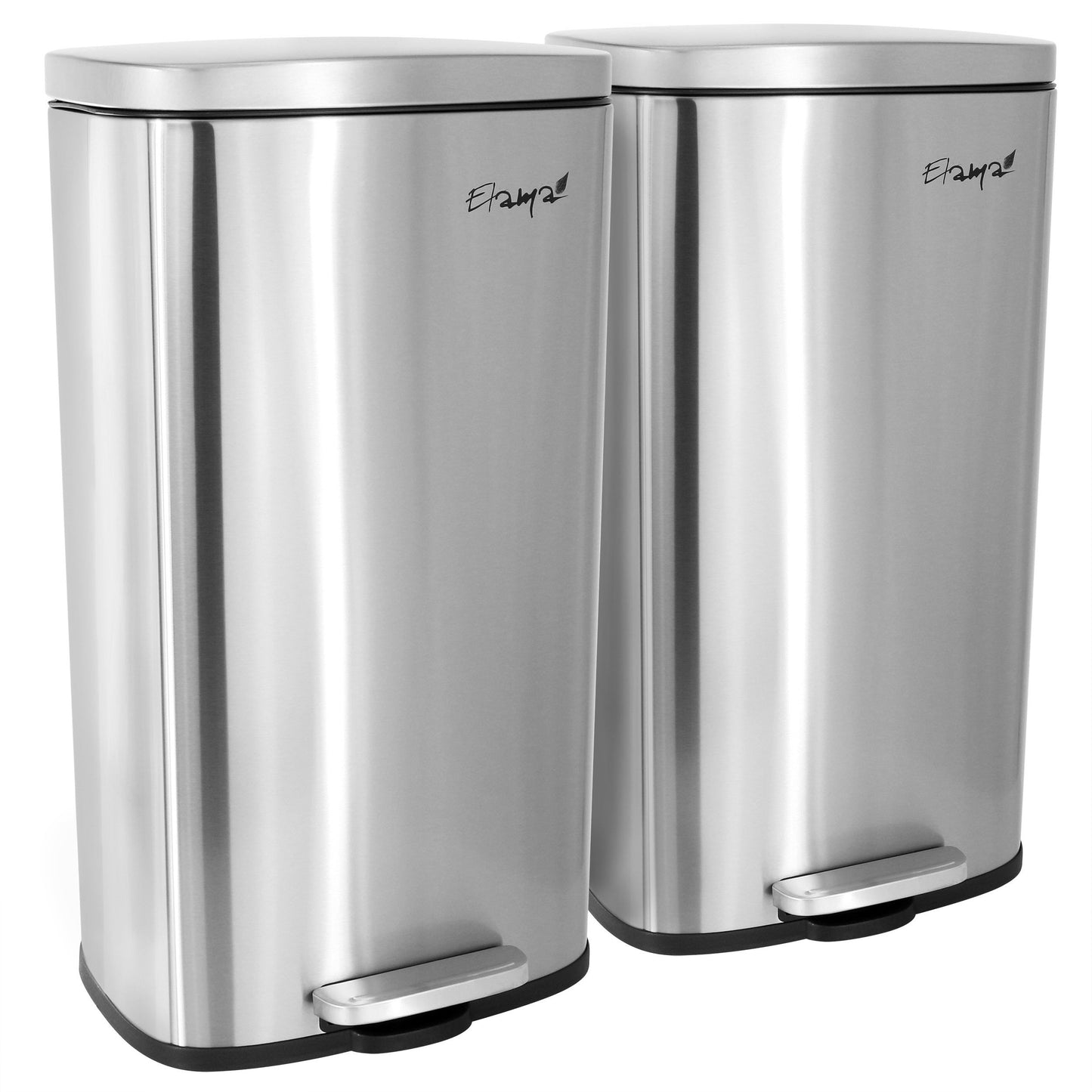 Elama 2 piece 8 Gallon Each 30 Liter Rectangular Stainless Steel Twin Step Trash Bins with Slow Close Mechanism in Matte Silver W2B