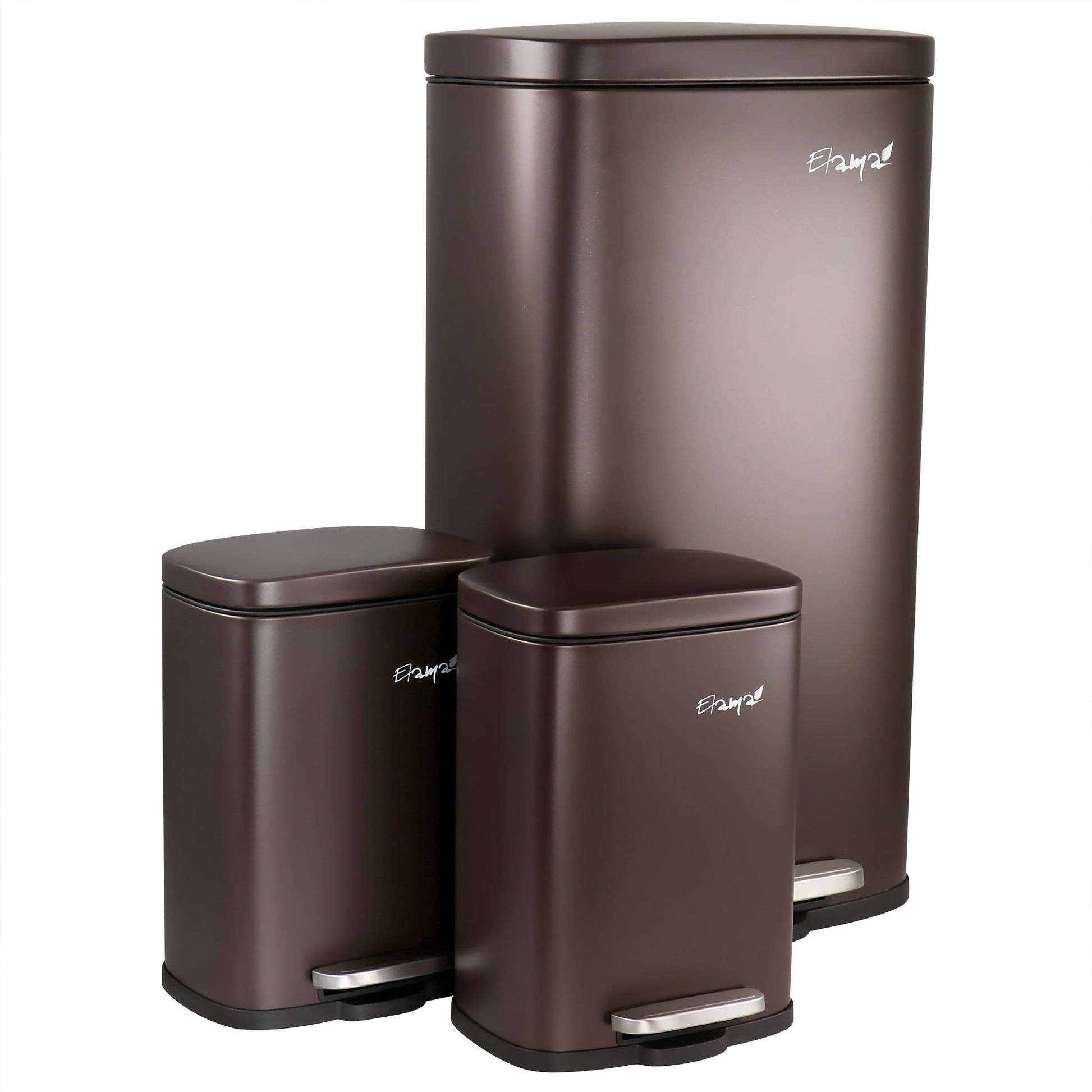 Elama 3 Piece 8 Gallon and 1.3 Gallon Stainless Steel Step Trash Bin Combo Set with Slow Close Mechanism in Matte Bronze W2B