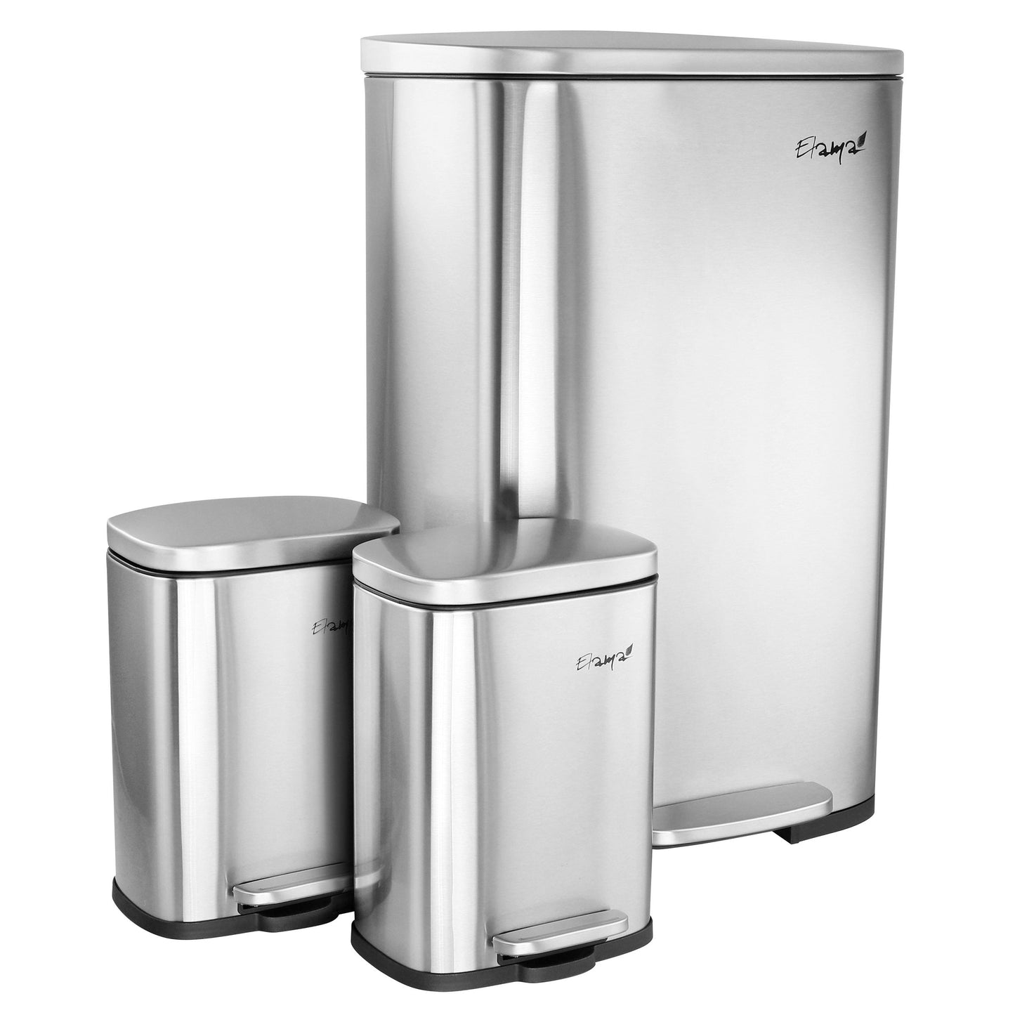 Elama 3 Piece 13 Gallon and 1.3 Gallon Stainless Steel Step Trash Bin Combo Set with Slow Close Mechanism W2B