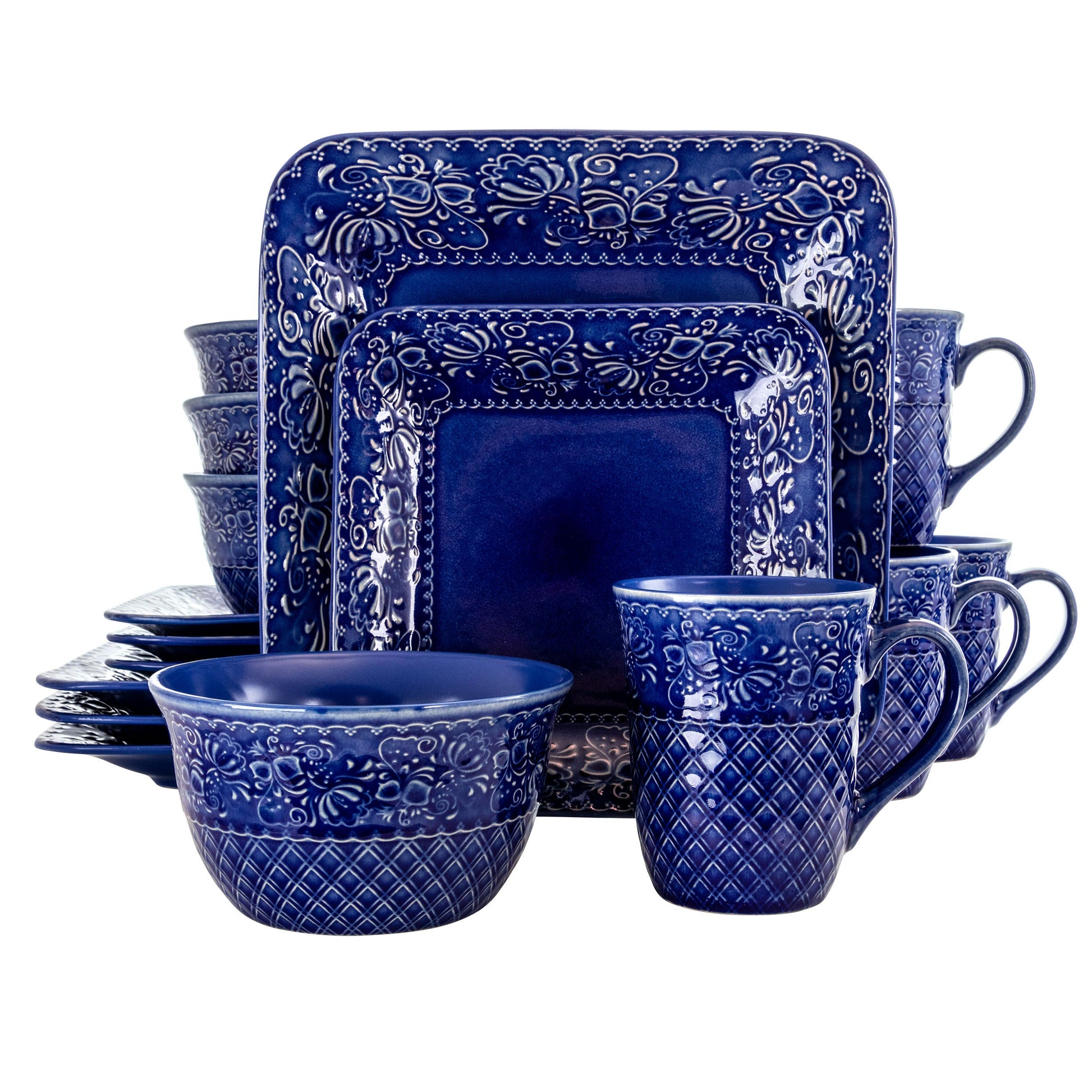 Elama Indigo Lotus 16 Piece Square  Dinnerware Set W2B