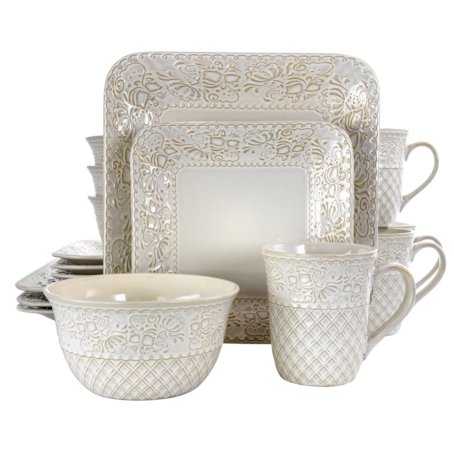Elama Ivory Lotus 16 Piece Square Dinnerware Set W2B
