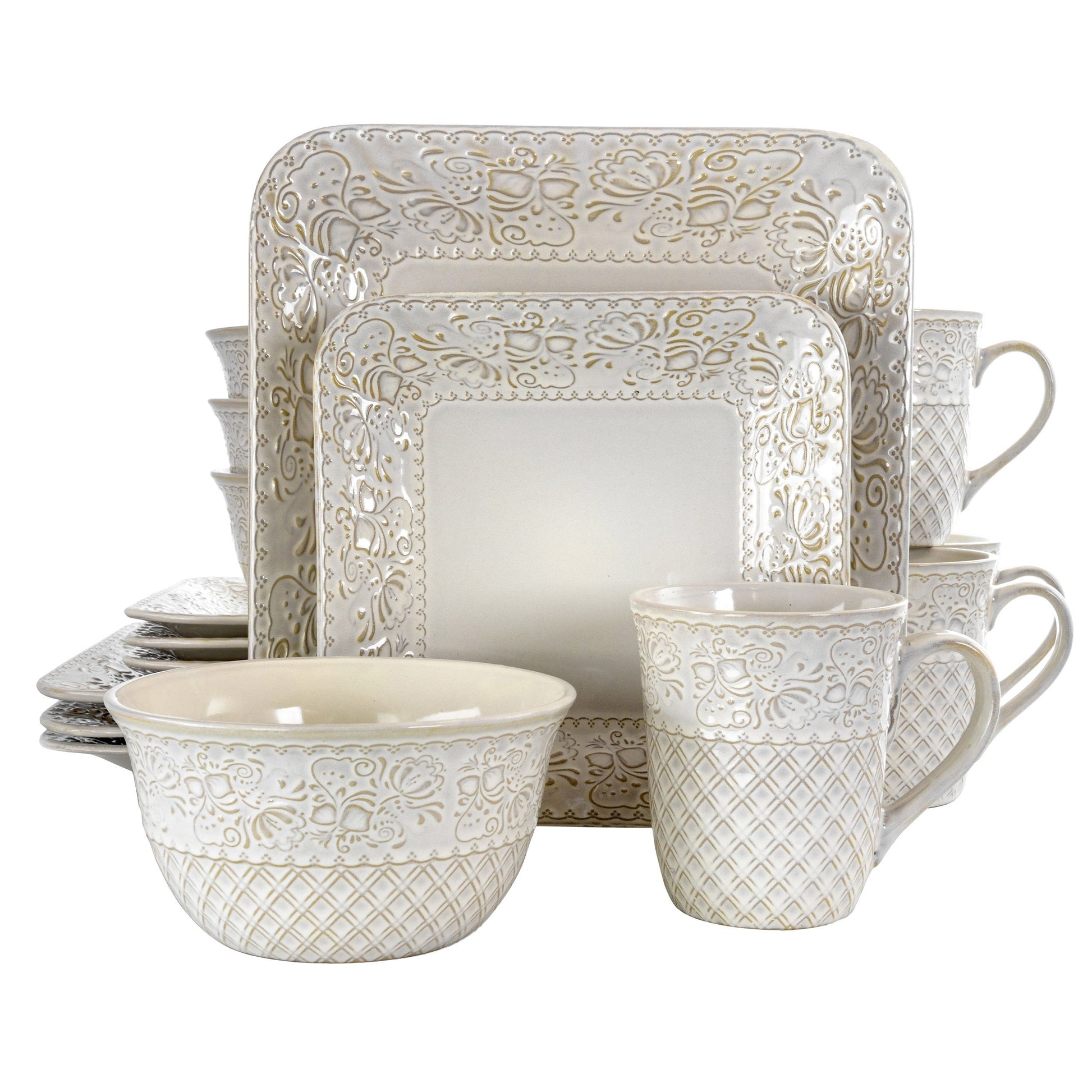 Elama Ivory Lotus 16 Piece Square Dinnerware Set W2B