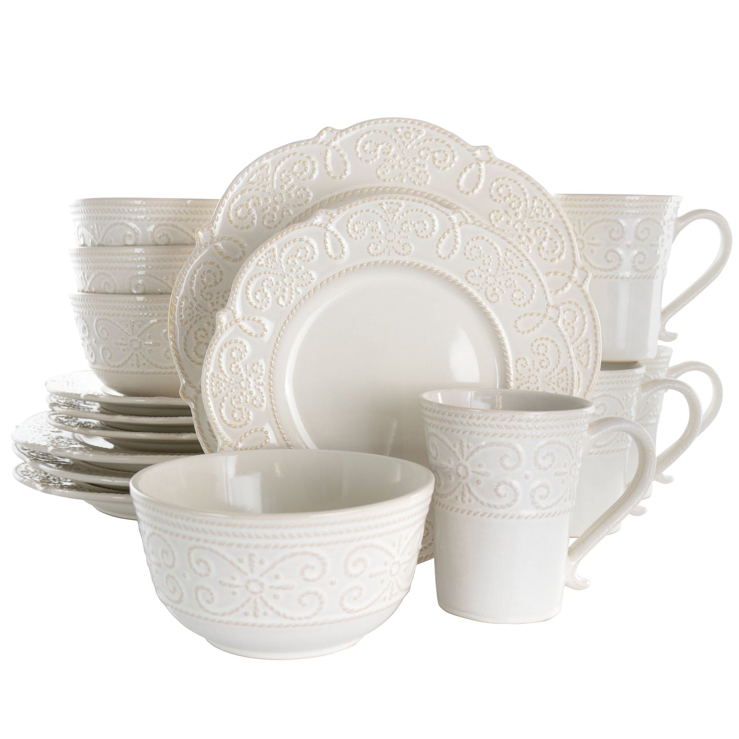 Elama Luna 16 Piece Embossed Scalloped Stoneware Dinnerware Set in White W2B