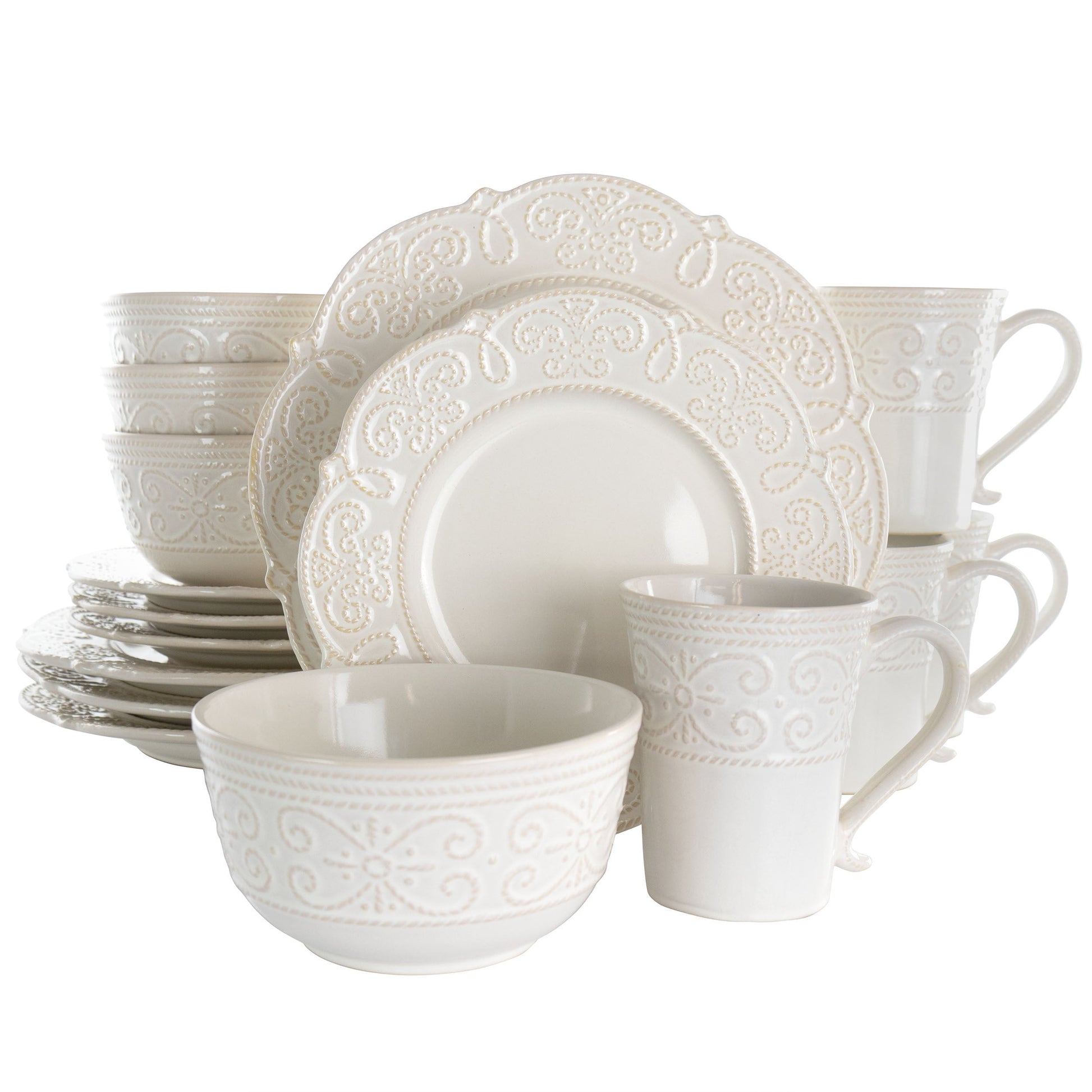 Elama Luna 16 Piece Embossed Scalloped Stoneware Dinnerware Set in White W2B