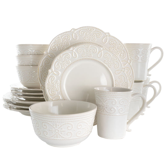 Elama Luna 16 Piece Embossed Scalloped Stoneware Dinnerware Set in White W2B