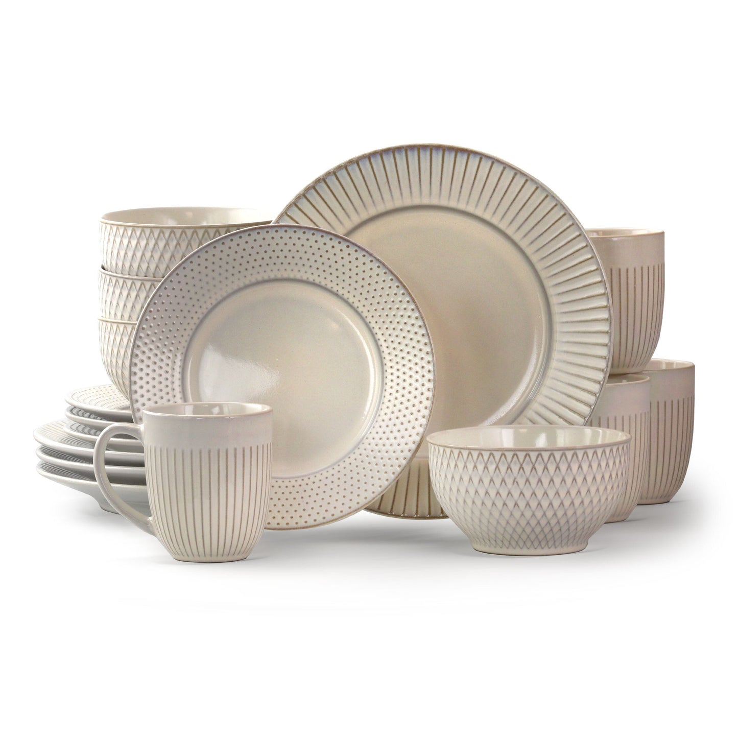 Elama Market Finds 16 Piece Round Stoneware Dinnerware Set in Embossed White W2B