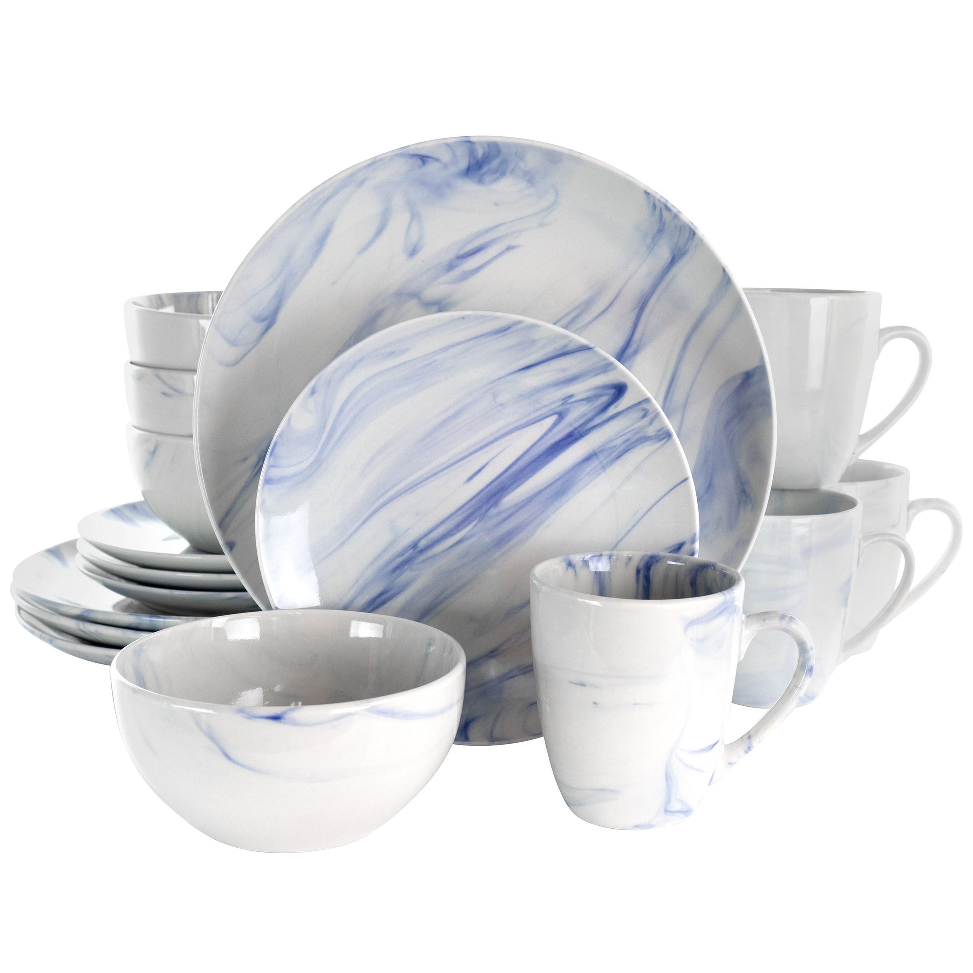 Elama Fine Marble 16 Piece Stoneware Dinnerware Set in Blue and White W2B