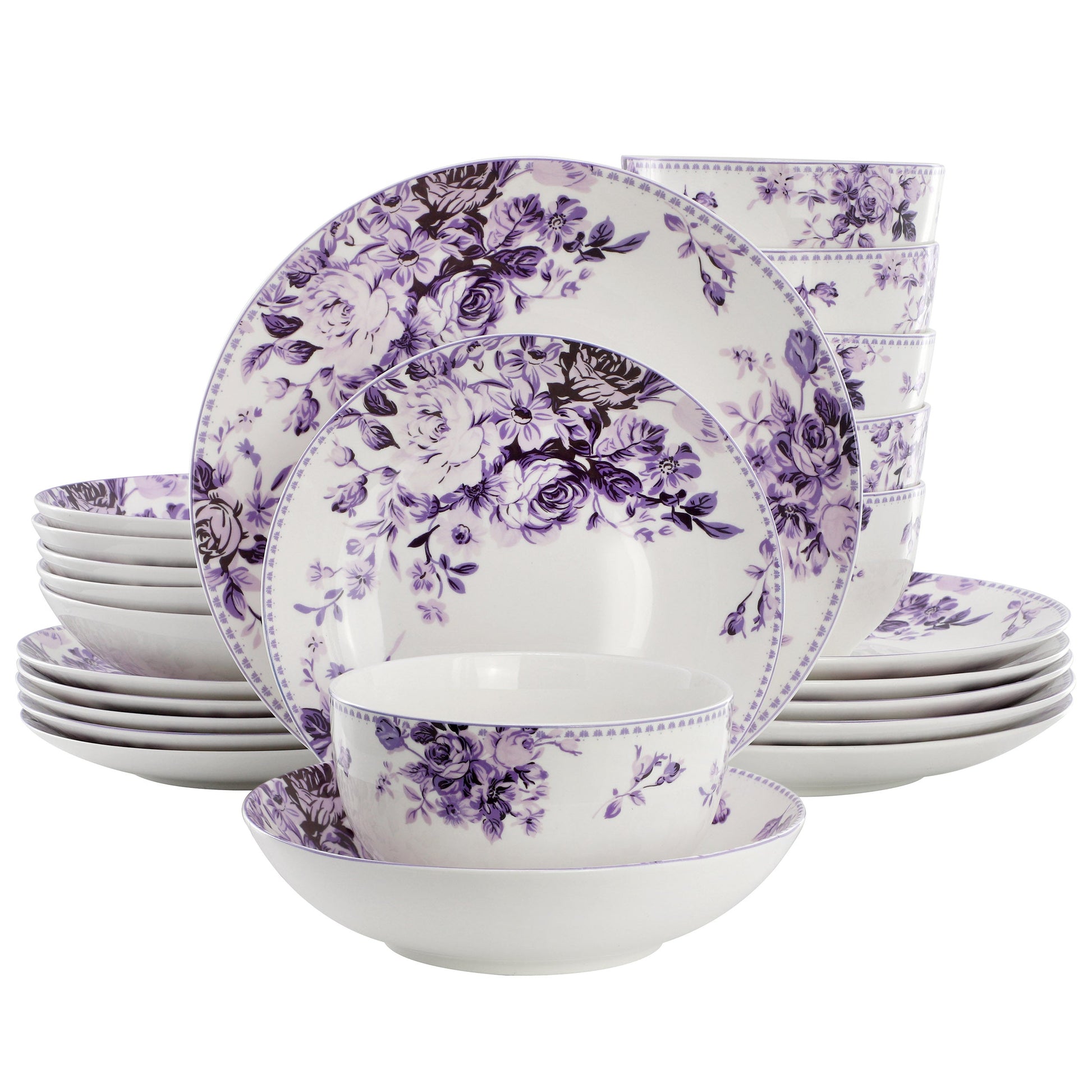 Elama Traditional Purple Rose 24 Piece Porcelain Double Bowl Dinnerware Set W2B