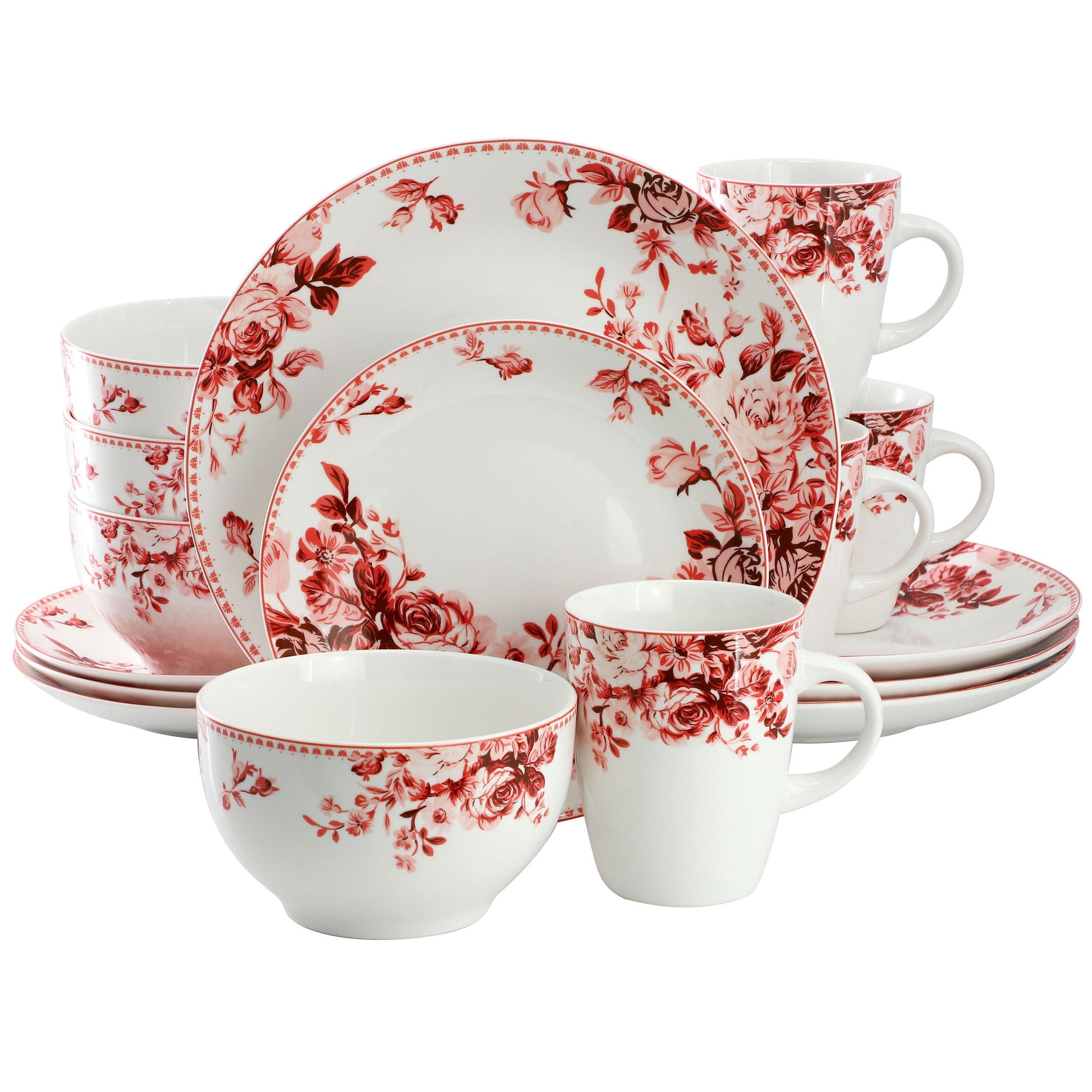 Elama Traditional Red Rose 16 Piece Stoneware Dinnerware Set W2B