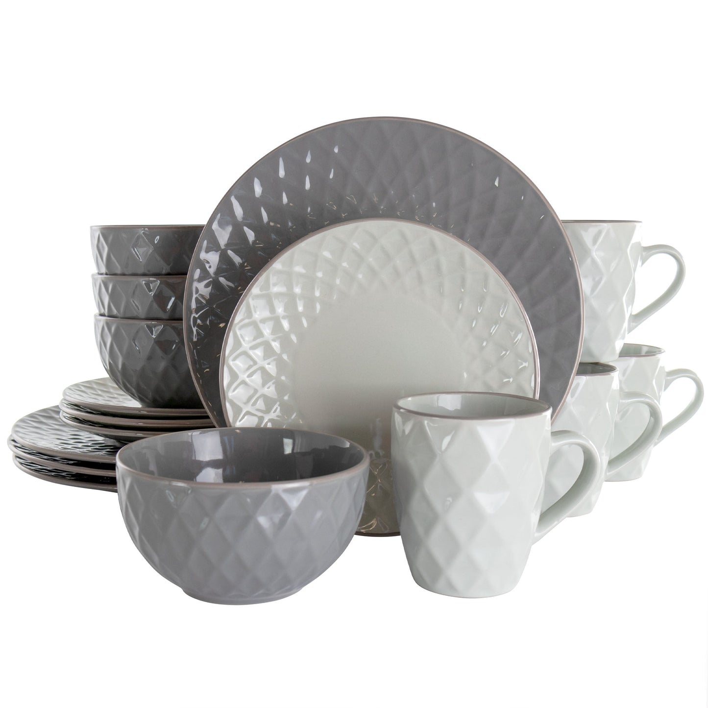 Elama Tahitian Diamond 16 Piece Stoneware Dinnerware Set in Slate and Pearl W2B