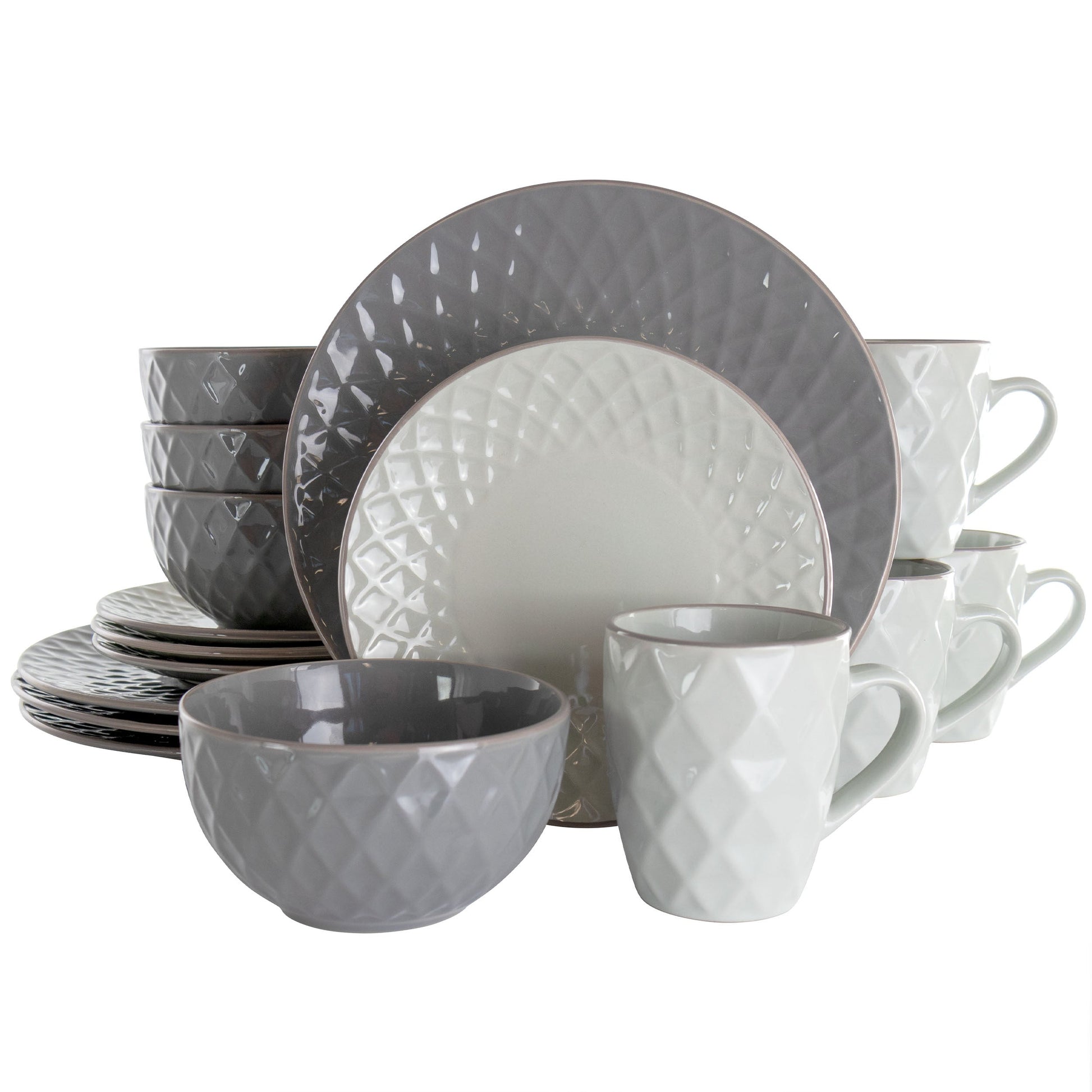 Elama Tahitian Diamond 16 Piece Stoneware Dinnerware Set in Slate and Pearl W2B