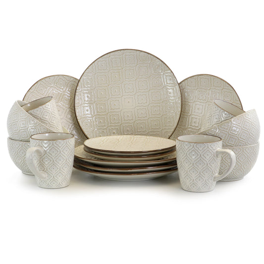 Elama White Lily 16 Piece Luxurious Stoneware Dinnerware with Complete Setting for 4 W2B