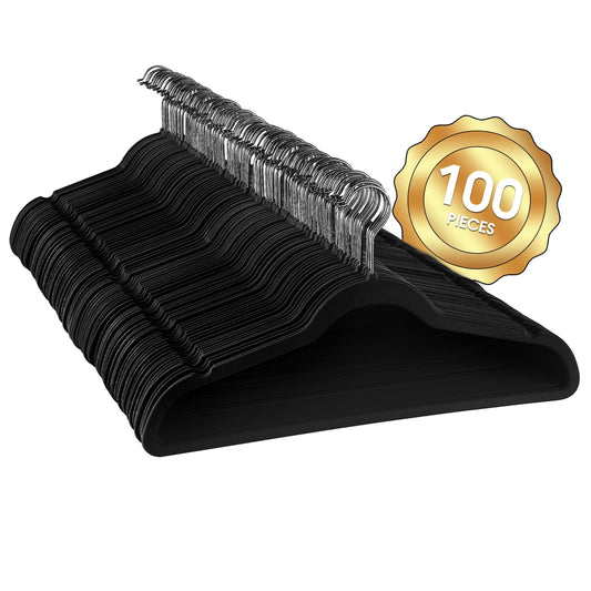 100 Piece Set of Velvet Slim Profile Heavy Duty Felt Hangers with Stainless Steel Swivel Hooks in Black W2B