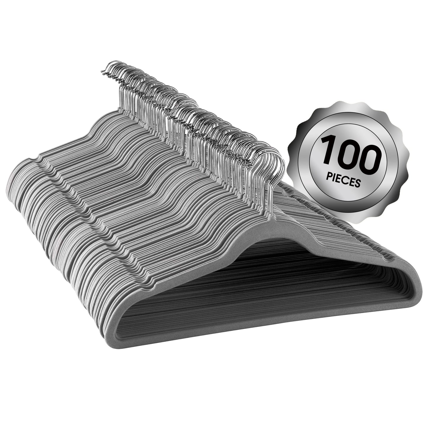 100 Piece Set of Velvet Slim Profile Heavy Duty Felt Hangers with Stainless Steel Swivel Hooks in Gray W2B