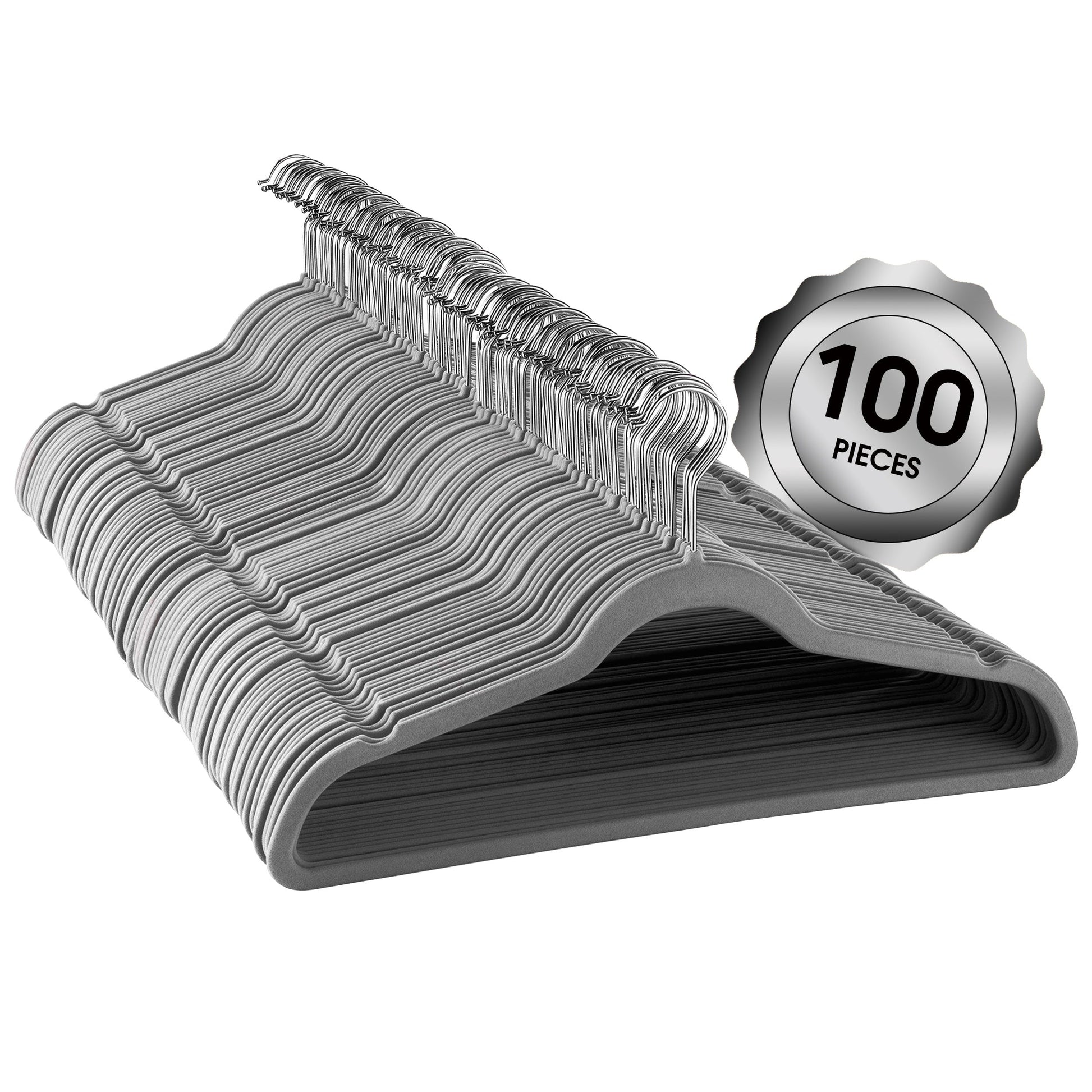 100 Piece Set of Velvet Slim Profile Heavy Duty Felt Hangers with Stainless Steel Swivel Hooks in Gray W2B
