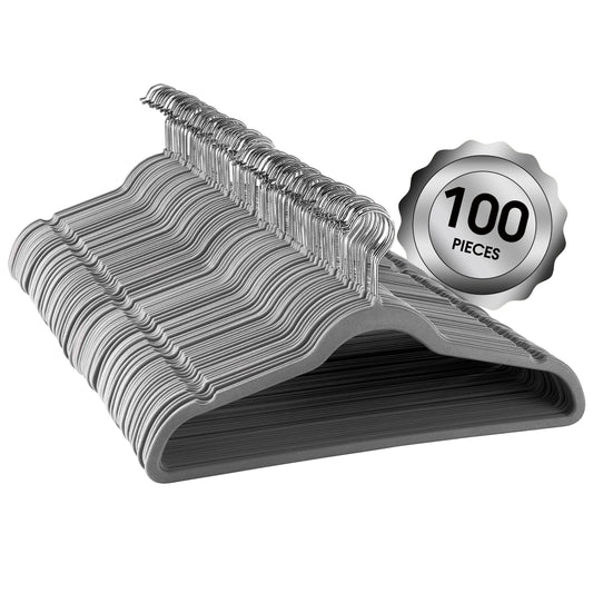 100 Piece Set of Velvet Slim Profile Heavy Duty Felt Hangers with Stainless Steel Swivel Hooks in Gray W2B