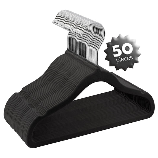 Elama Home 50 Piece Kids Non-Slip Velvet Cloths Hangers with Notched Shoulders in Black W2B