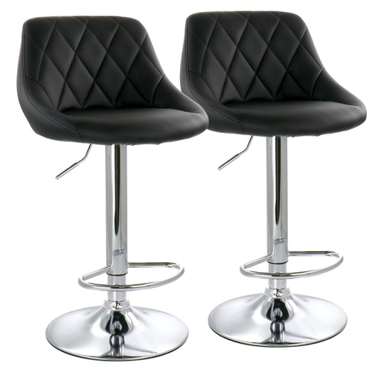 Elama 2 Piece Diamond Stitched Faux Leather Bar Stool in Black with Chrome Base and Adjustable Height W2B
