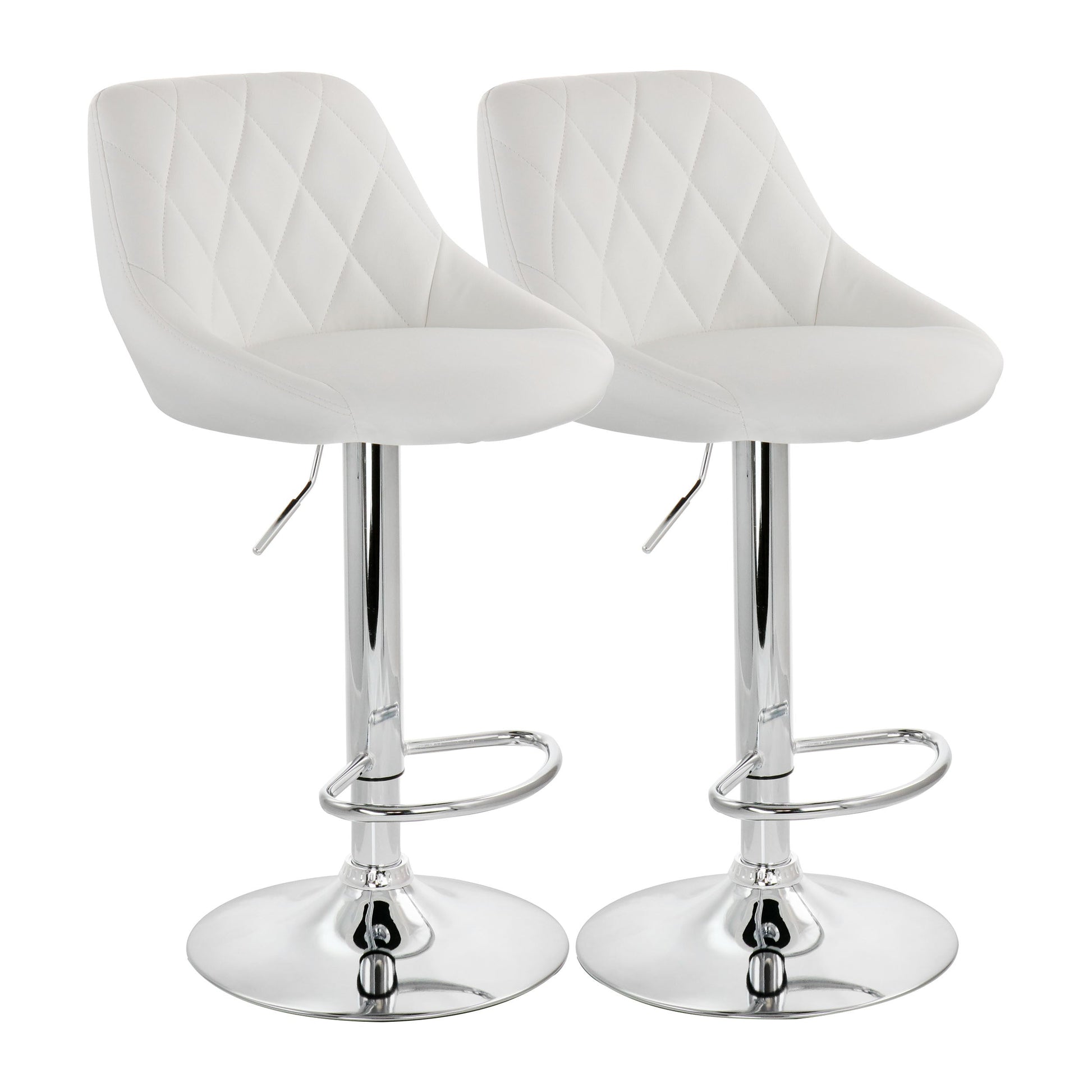 Elama 2 Piece Diamond Stitched Faux Leather Bar Stool in White with Chrome Base  and Adjustable Height W2B