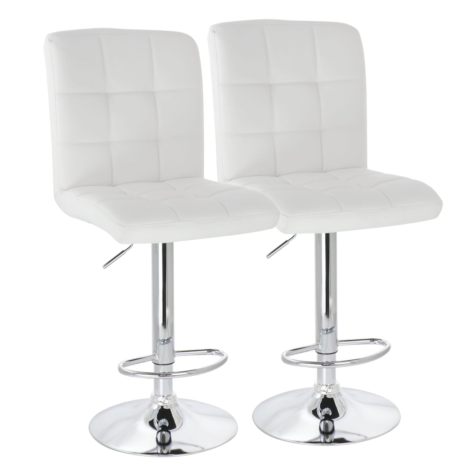 Elama 2 Piece Square Tufted Faux Leather Adjustable Bar Stool in White with Chrome Base W2B