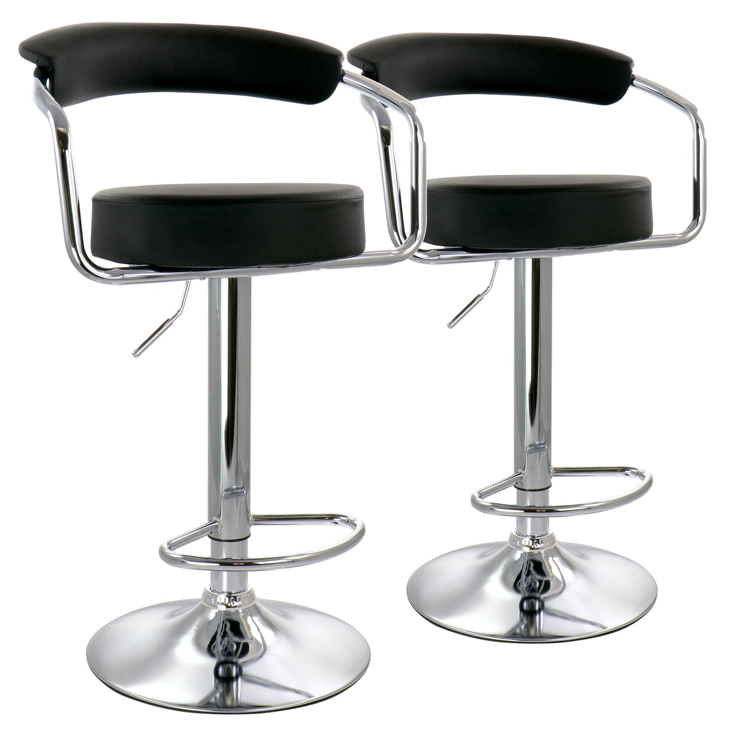 Elama 2 Piece Faux Leather Retro Adjustable Bar Stool in Black with Chrome Handles and Base W2B