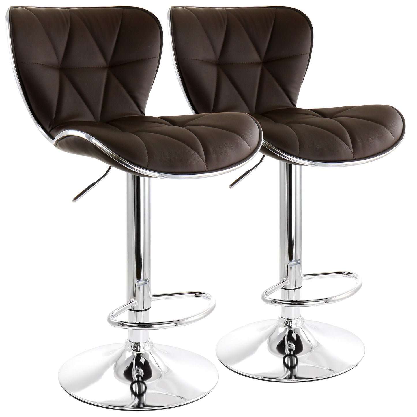 Elama 2 Piece Diamond Tufted Faux Leather Adjustable Bar Stool in Brown with Chrome Trim and Base W2B