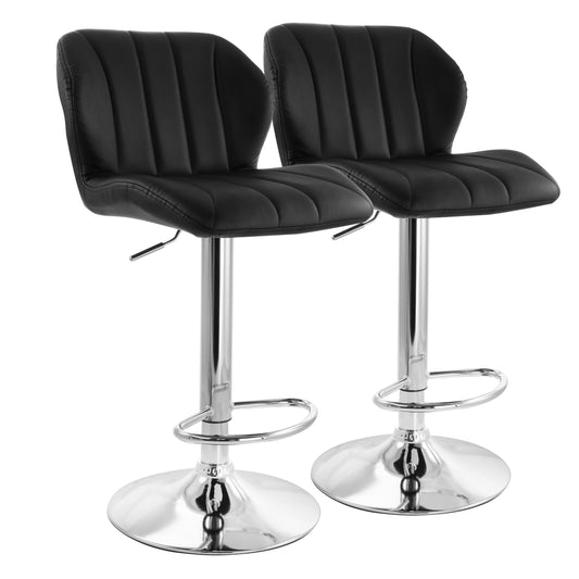 Elama 2 Piece Adjustable Faux Leather Stripe Tufted Bar Stool in Black with Chrome Base W2B