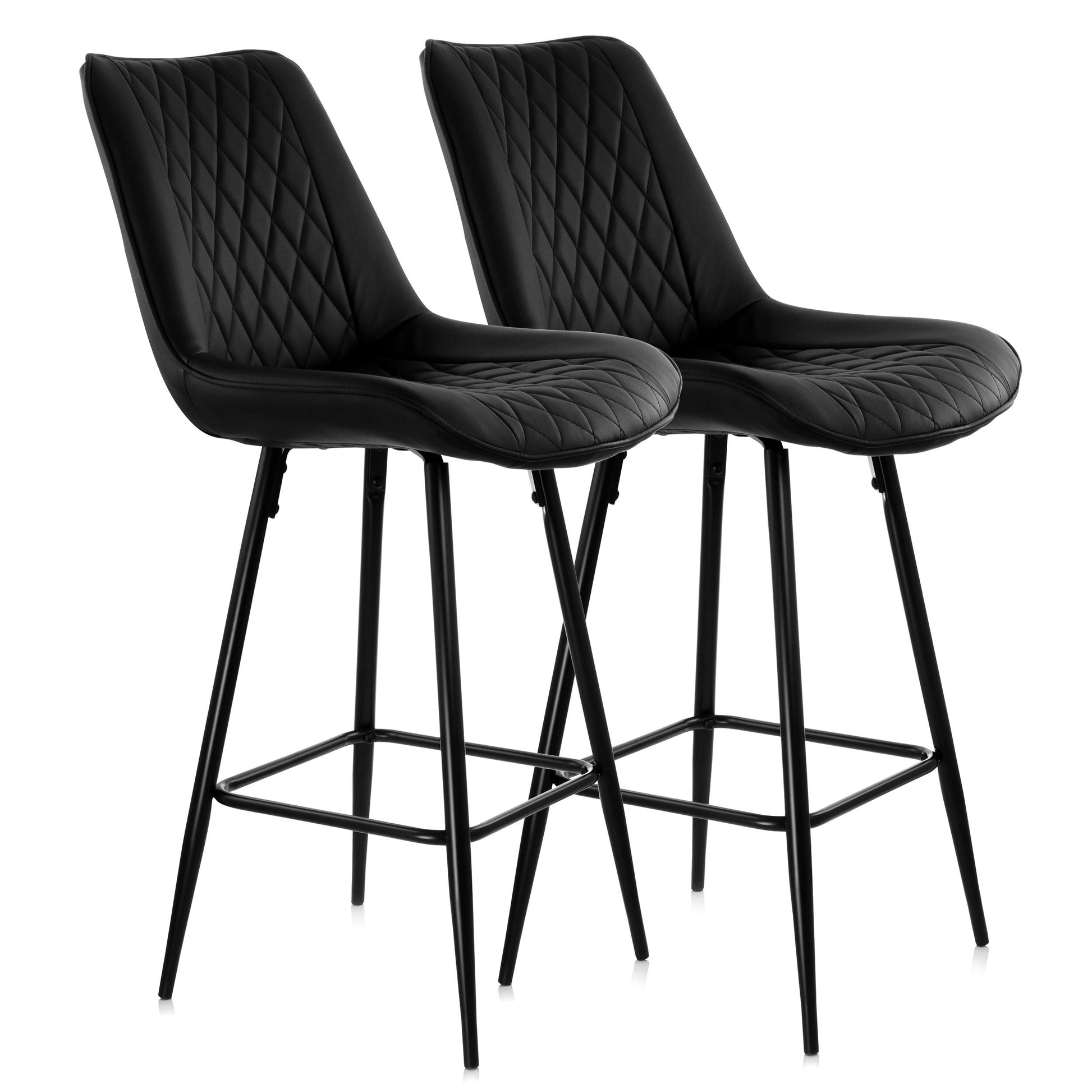 Elama 2 Piece Diamond Stitched Faux Leather Bar Chair in Black with Metal Legs W2B