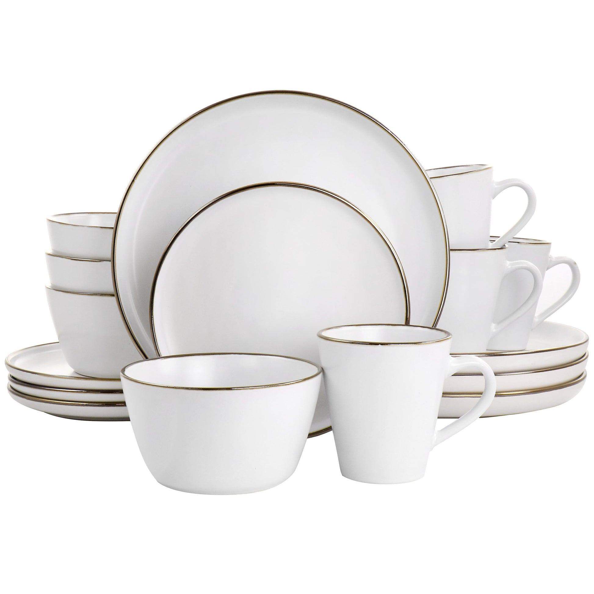 Elama Arthur 16 Piece Stoneware Dinnerware Set in Matte White with Gold Rim W2B