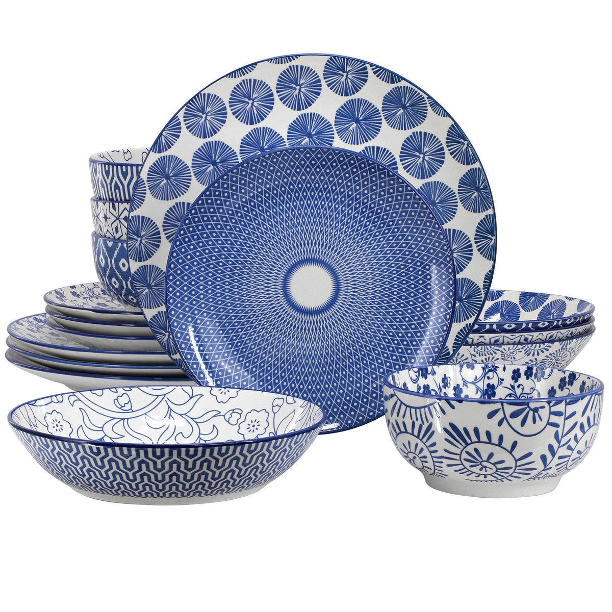 Elama Aurora 16 Piece Assorted Porcelain Double Bowl Dinnerware Set in Blue W2B