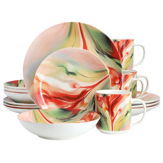 Elama Autumn Storm 16 Piece Abstract Design Round Porcelain Dinnerware Set in Multicolor W2B