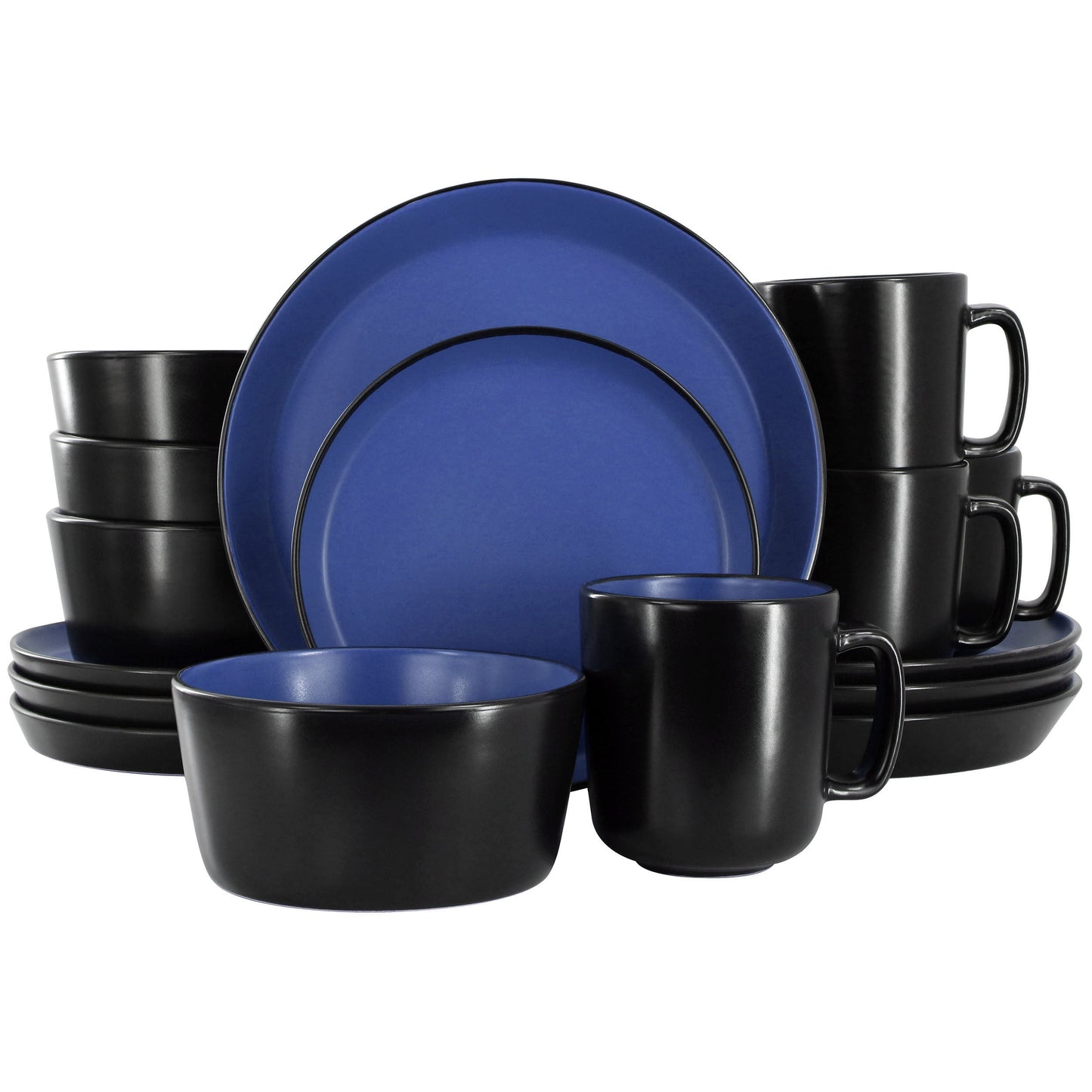 Elama Bacarra 16 Piece Stoneware Dinnerware Set in Two Tone Black and Blue W2B