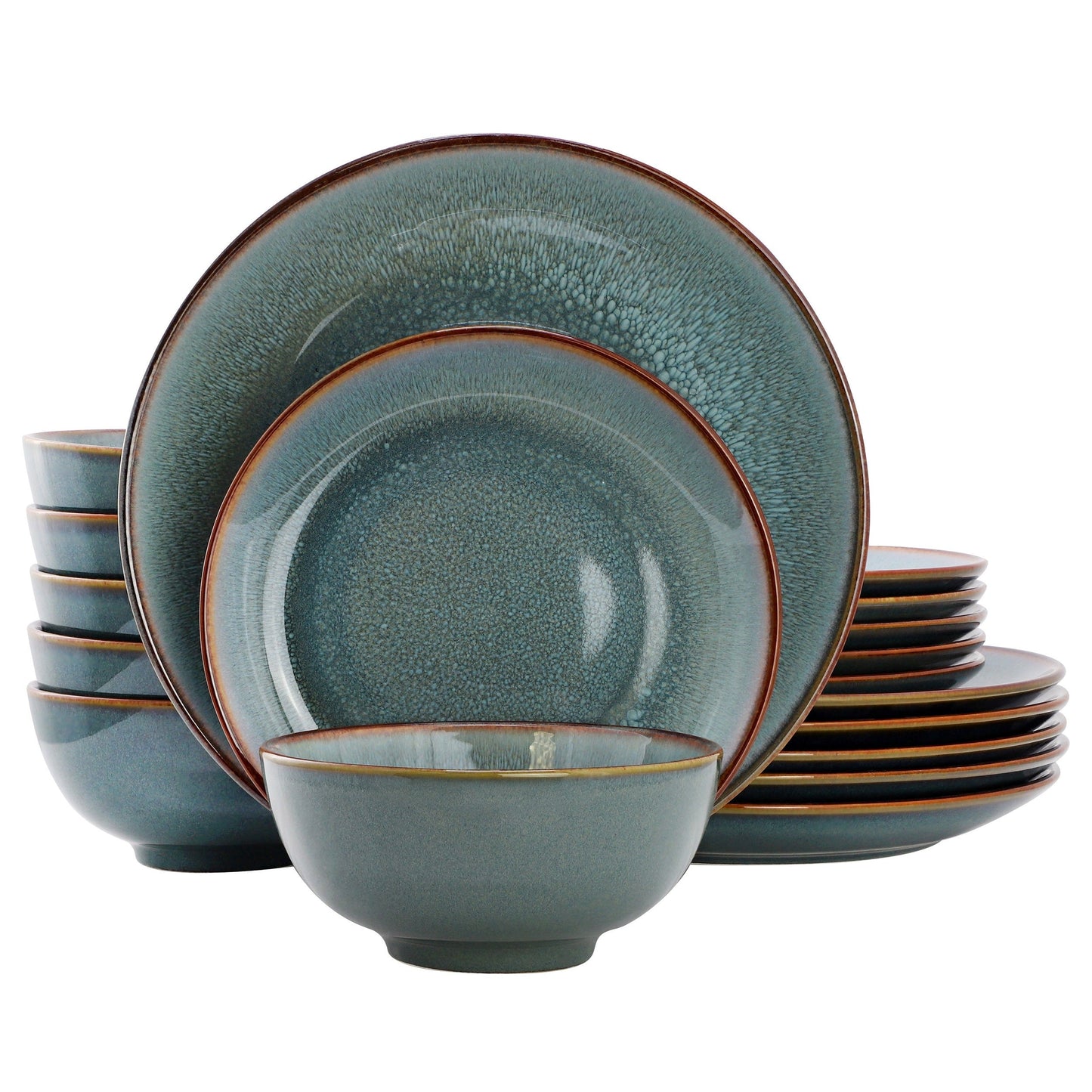 Elama Betty 18 Piece Stoneware Dinnerware Set in Blue with Brown Rim, Service for 6 W2B