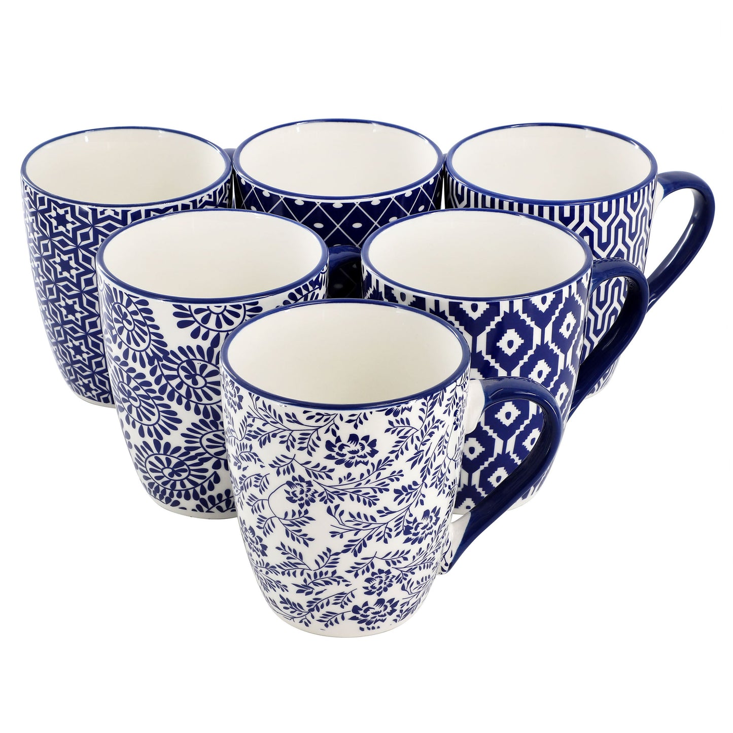 Elama Declan 6 Piece 12 Ounce Assorted Design Stoneware Mug Set in Blue and White W2B