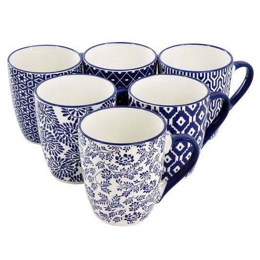 Elama Declan 6 Piece 12 Ounce Assorted Design Stoneware Mug Set in Blue and White W2B