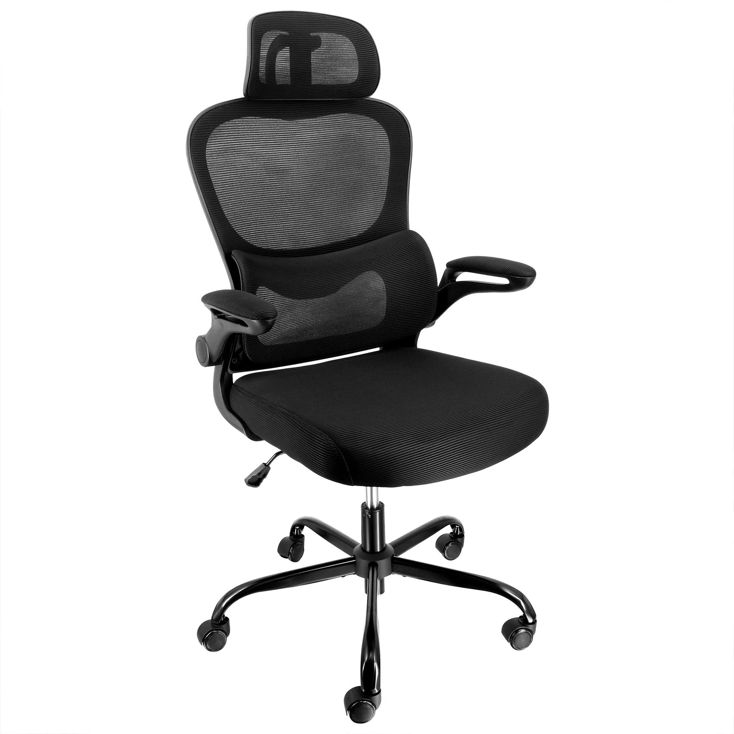 Elama High Back Adjustable Mesh and Fabric Office Chair in Black on Black with Metal Base and Adjustable Head Rest W2B