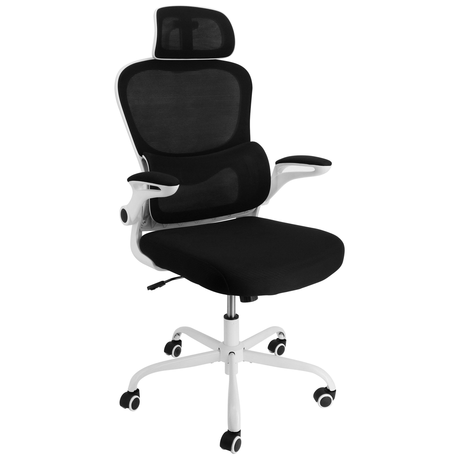 Elama High Back Adjustable Mesh and Fabric Office Chair in Black on White Frame with Adjustable Head Rest W2B