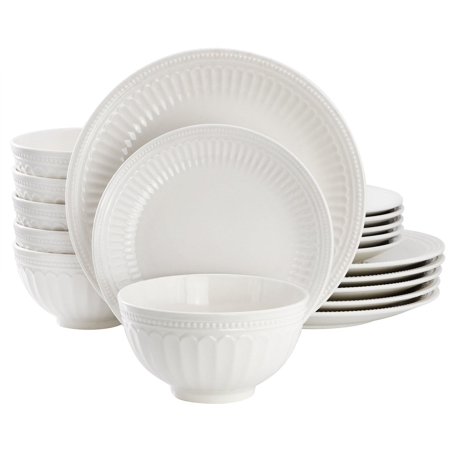 Elama Finley 18 Piece Embossed Arch Stoneware Dinnerware Set in White W2B